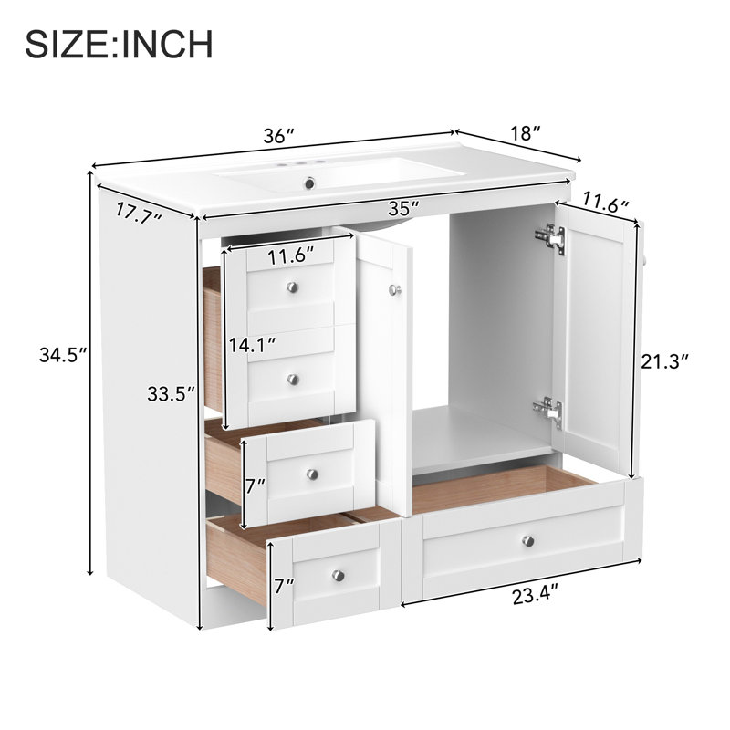 Meuble-lavabo 36 po avec lavabo en céramique 36 po, 4 tiroirs et 2 portes