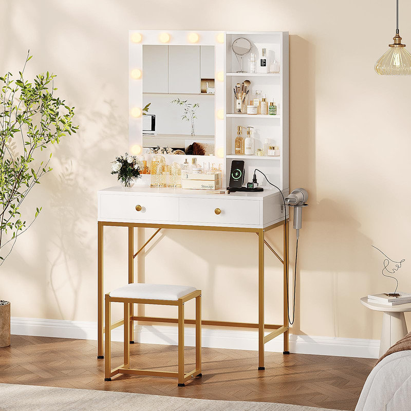 Coiffeuse de maquillage blanche et dorée avec miroir lumineux, tabouret, station de charge et tiroirs