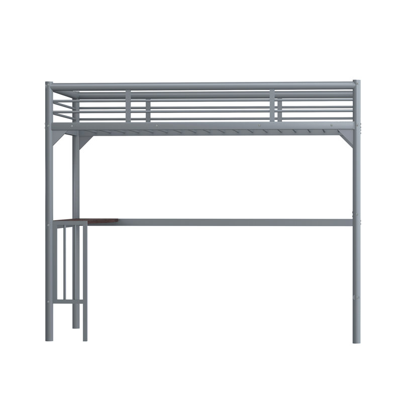 Lit mezzanine simple en métal avec bureau, échelle et garde-corps, bureau sous le lit, Argent argent