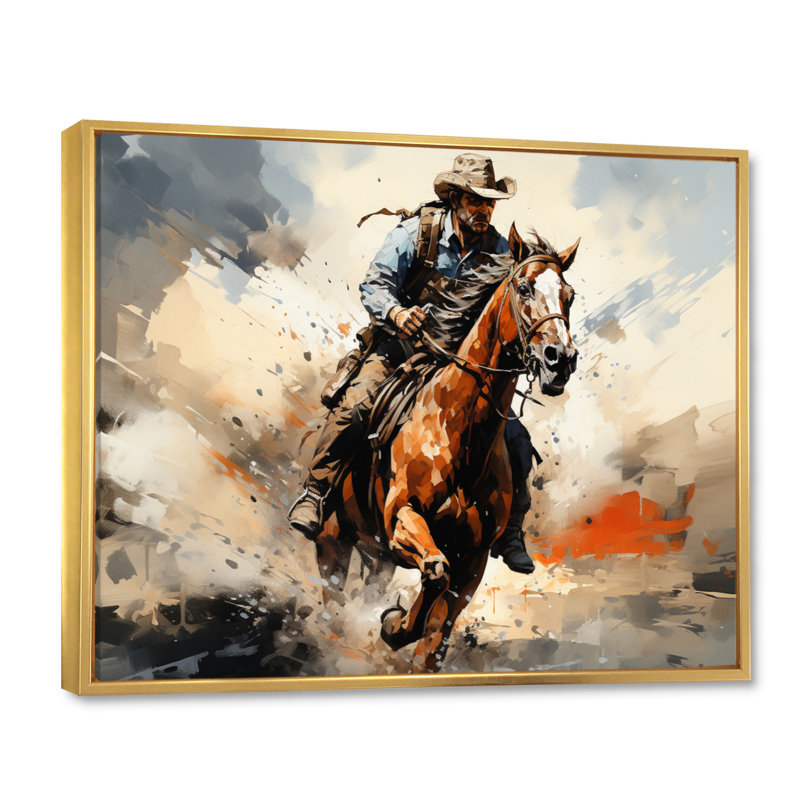 Keani Cowboy Bronco Buste sur toile, Cadre flottant doré, H 16 po x l 32 po x P 1 po