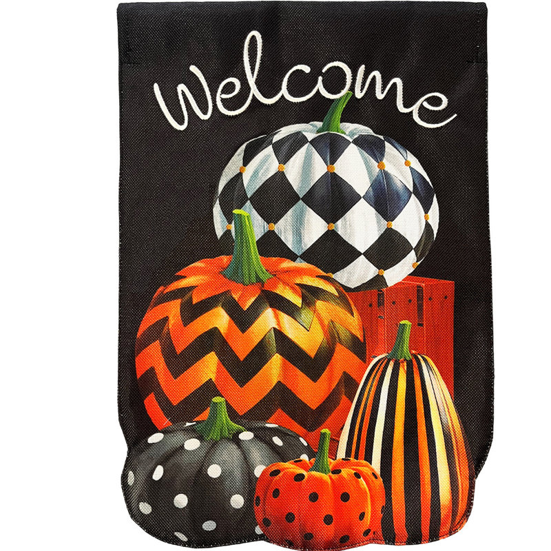 Patterned Pumpkin Stack Burlap House Flag