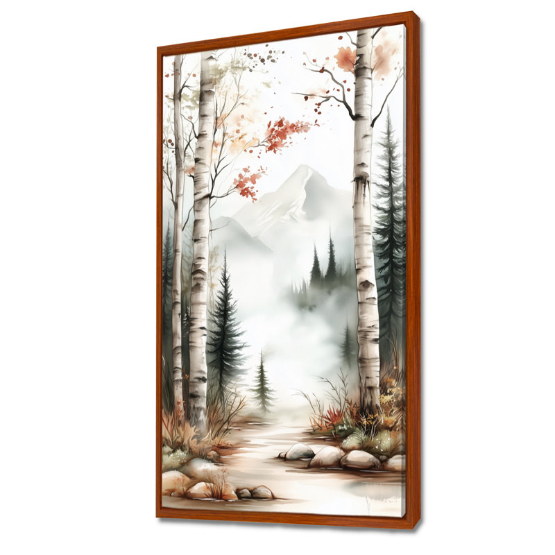 «White Green Autumn Birch Tree Forest Path II - White Minimalist Large Wall Art», reproduction sur toile encadrée chaleureuse