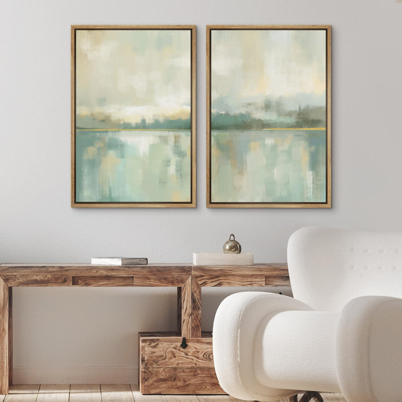 «Sage Green & Tan Lake», paysage abstrait, art mural, œuvre d'art, Calm Relax, 2 pièces, Naturel, H 24 po x l 16 po