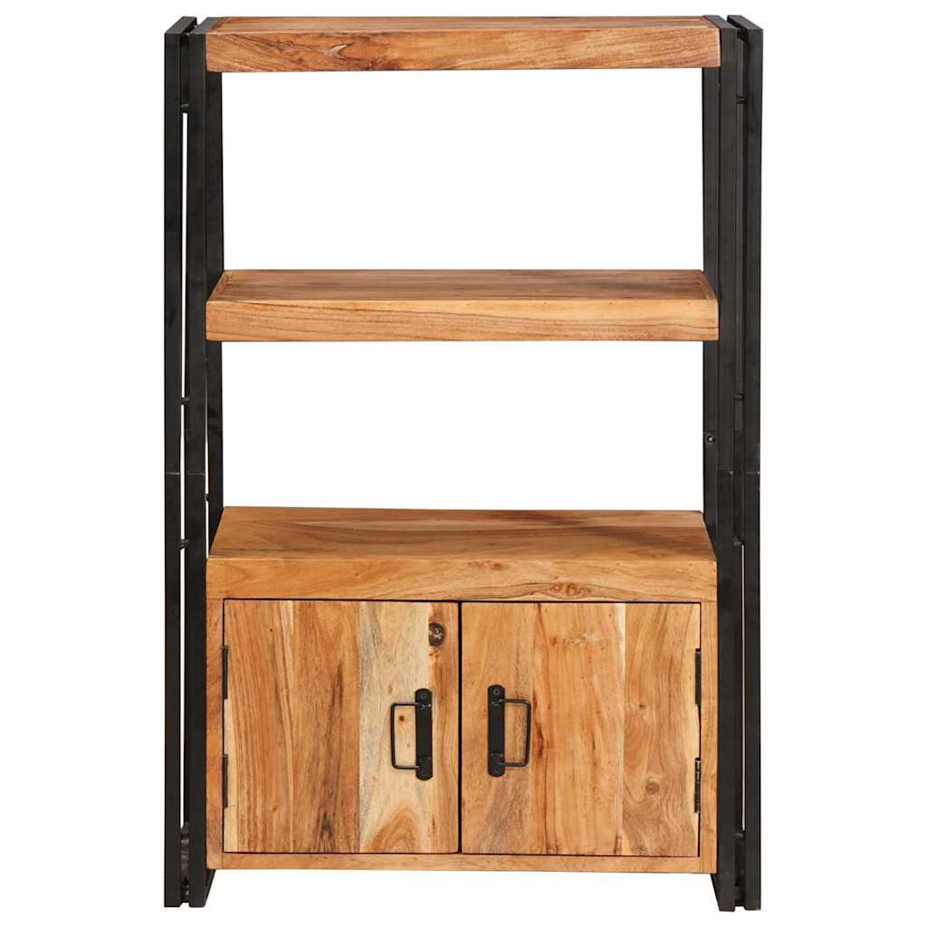 Bookshelf With Doors Brown Solid Rough Mango Wood And Metal