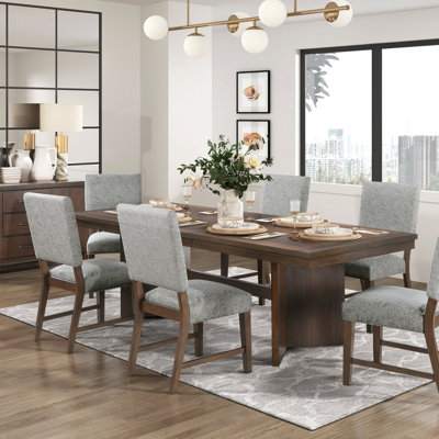 Modern 7Pc Dining Set With Self-Storing Extension Leaf And 6 Upholstered Chairs, Perfect For Elegant And Functional Dining, Dining Table Set