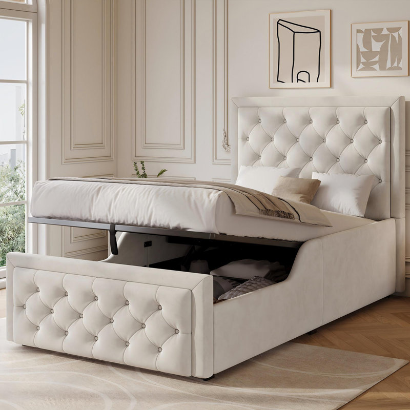 Upholstered Ottoman Storage Bed, Beige