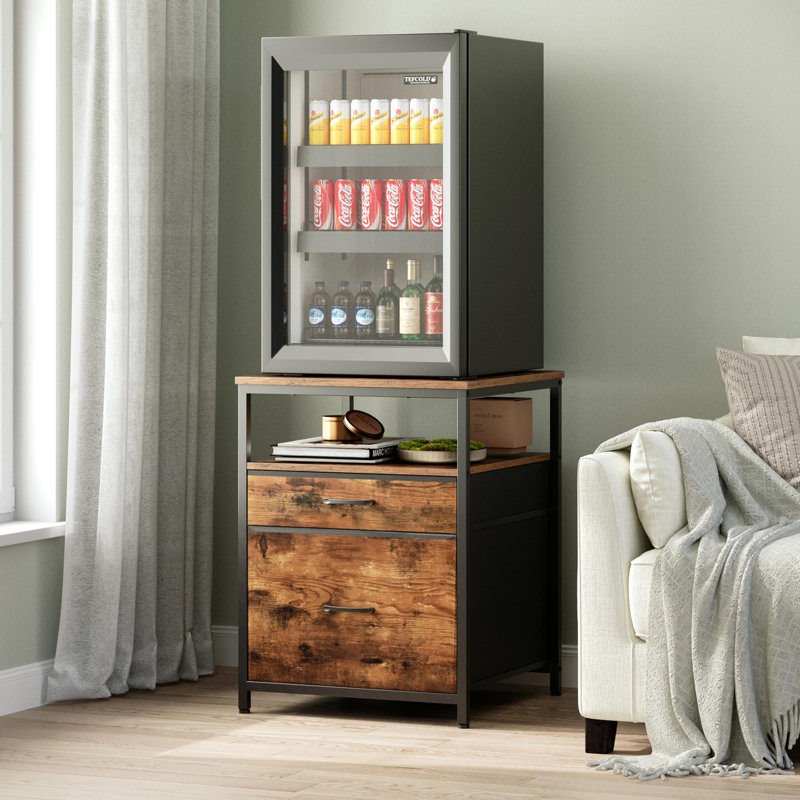 Mini Fridge Stand With 3 Storage, Mini Fridge Cabinet, Beverage Fridge Table, Rustic Brown