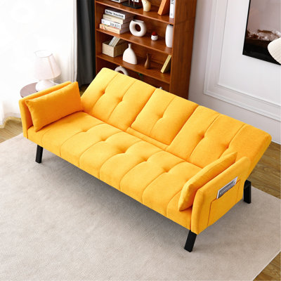 70-Inch Foldable Cotton And Linen Sofa Bed With Cup Holder And Side Storage,  For Small Apartments And Guest Rooms
