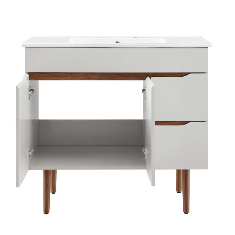 Gray White Mahogany Wood 36" Mid-Century Modern Bathroom Vanity