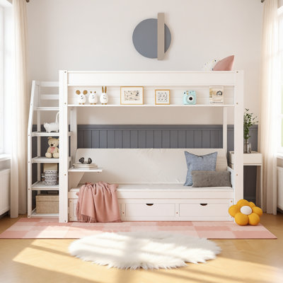 Full Size Convertible Wood Bunk Bed with Storage Staircase, Pull-Out Daybed, Bedside Table & 3 Drawers
