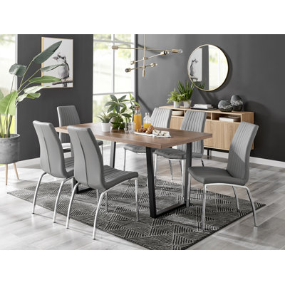 Edward Wood Effect Pedestal Dining Table Set with 6 Luxury Faux Leather Dining Chairs