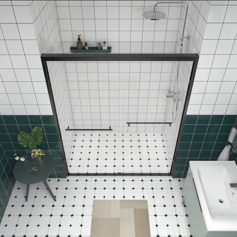 5660"X74" Aluminum Frame Double Sliding Shower Door,Bypass Bathroom Sliding Door With Premium 1/4" (6Mm) Clear Tempered Glass, Black Hardware Sliding Glass Shower Enclosure,Matte Black Finished