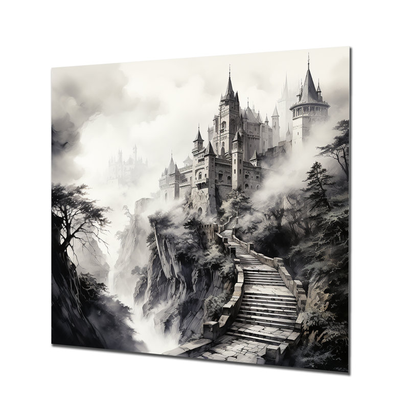 «Grey Foggy Fairytale Castle», art mural fantastique en métal, H 16 po x l 16 po
