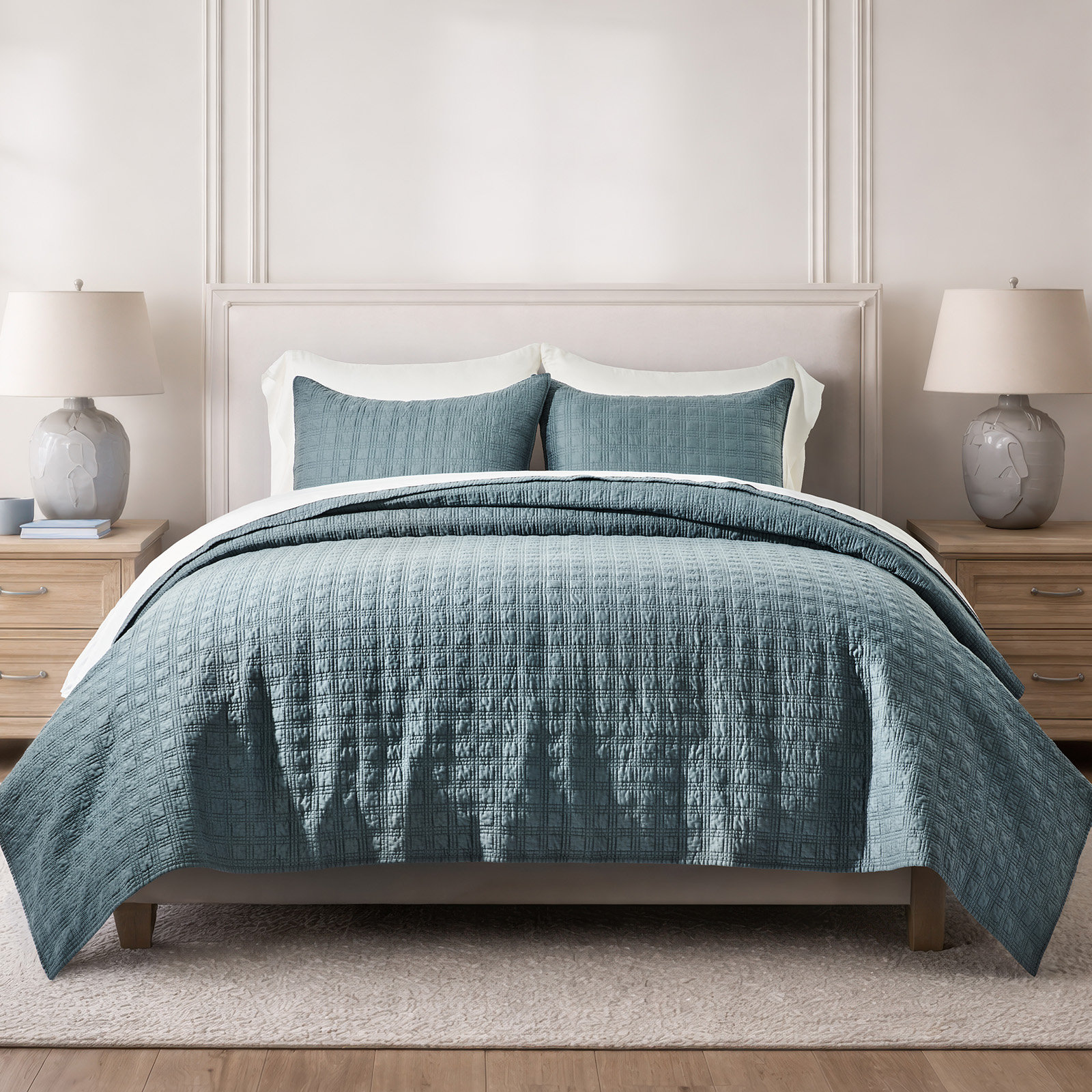 Cotton Sateen Quilt Set, Queen Quilt + 2 Queen Shams, Sonoma Blue