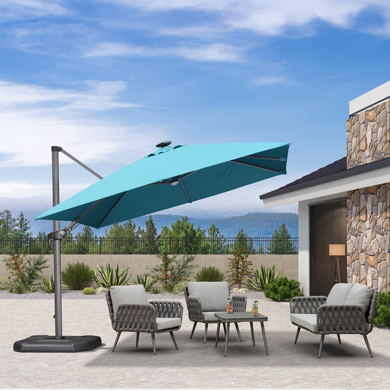 10' Square Lighted Cantilever Swivel Umbrella with Solar Powered LED Swivel and Base, Turquoise Blue