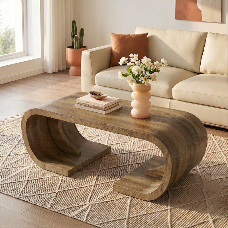 47.24" Farmhouse Coffee Table, C-Shaped Living Room Table with Curved Base, Large Cocktail Table for Living Room