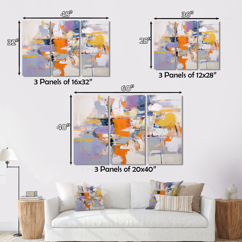 «Poetic Expressionism» en mauve et orange sur toile, 3 pièces, H 40 po x l 60 po x P 1 po
