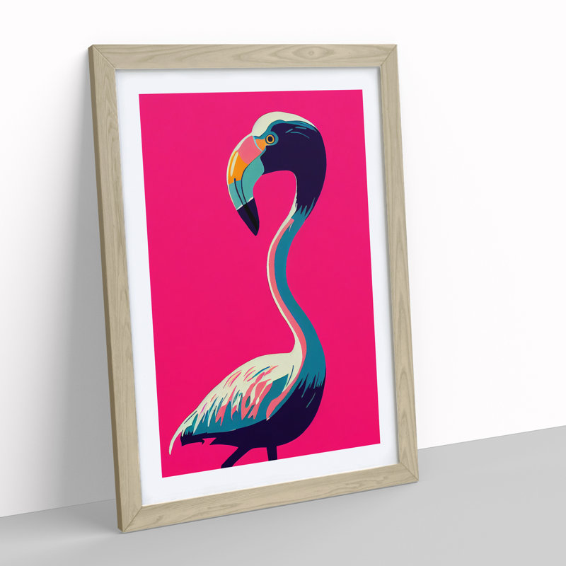 Unique Flamingo - Single Picture Frame Print, 34cm H x 25cm W x 2cm D, Oak Framed