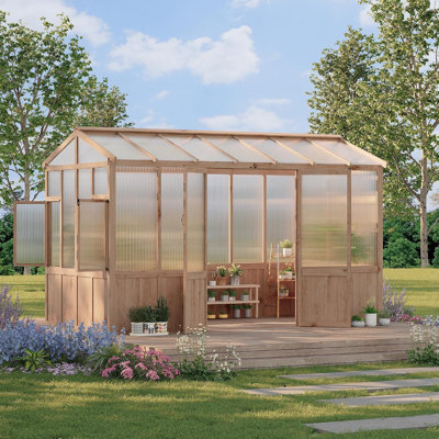Serre en bois 6,4 x 12 pi - Ensemble robuste en polycarbonate de 6 mm, fenêtre ventilée et porte verrouillable - pour la cour, le patio ou la pelouse