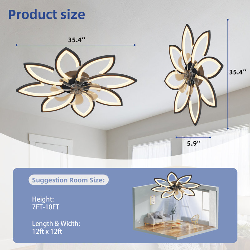 Ventilateur de plafond encastré à DEL à 7 pales et à intensité variable 35 po Falana avec télécommande et APP, Noir
