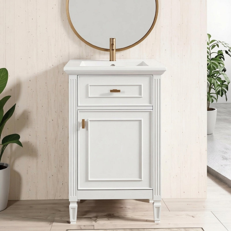 20" Bathroom Vanity With Sink, Solid Wood Legs,tilt-out Drawer,freestanding Cabinet For Small Bathroom, White