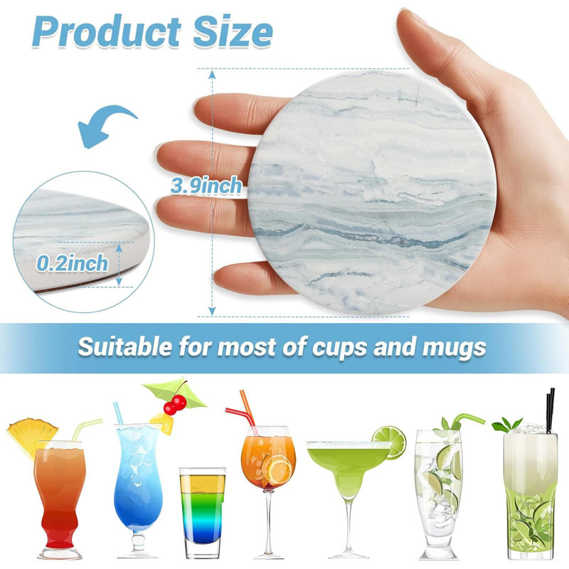 4" 6-Pack Beige Marble Style Ceramic Coasters - Absorbent Coffee Table Decor, Blue