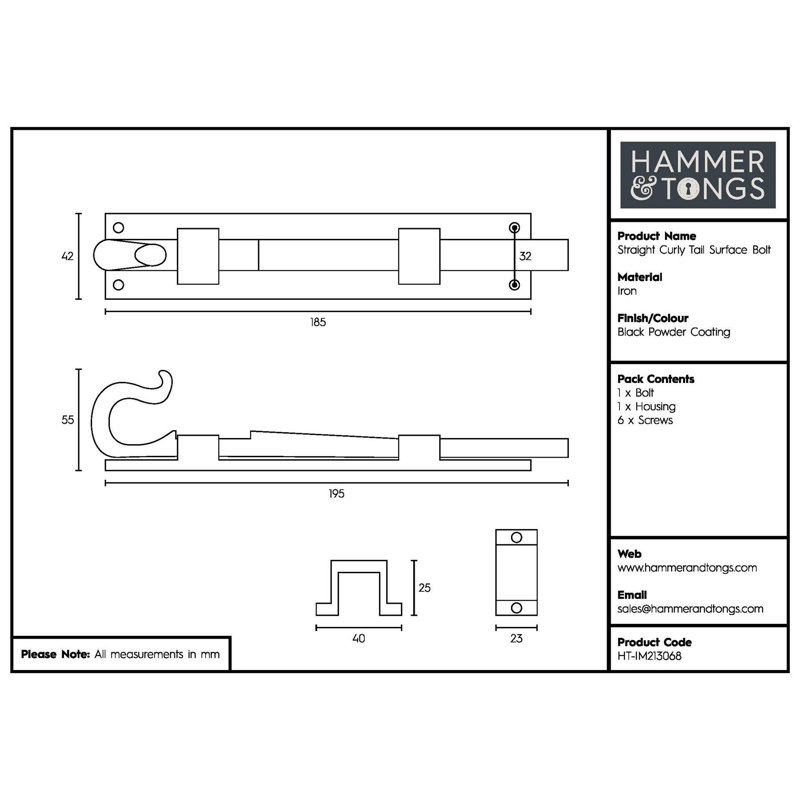 Hammer & Tongs - Straight Shepherd's Crook Surface Bolt - W185mm - Black