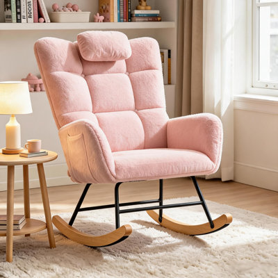 Cozy High-Back Fleece Glider Rocking Chair with Ottoman, Upholstered Rocker with Armrests and Lumbar Support for Nursery or Living Room