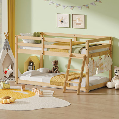 Kids Twin Low Loft Bed - Convertible To Bunk Bed,Solid Wood Modern Bed Frame With LED Strip Lighting,OAK.