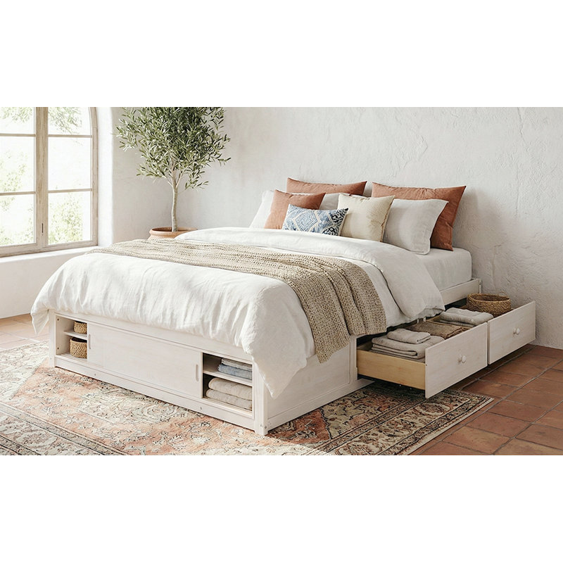 Structure de lit plateforme grand format avec 4 tiroirs de rangement et casier de rangement au pied de lit, sans tête de lit, design moderne et peu encombrant - blanc antique