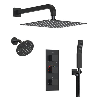 Thermostatic Dual Showerheads System, Wall Mount 12" High-Pressure Rainfall Shower Faucet with Handheld Spray