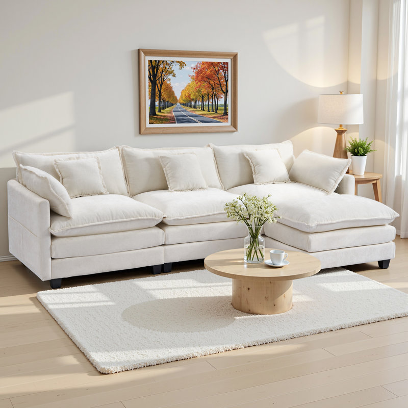Chenille 3-Seat Sectional Sofa - Modular Deep Seat Sleeper Couch with Ottoman, Comfy Upholstered Furniture for Living Room, Apartment, Office"