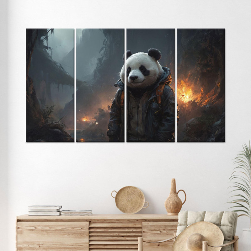 Art sur toile Elegant Panda: imprimé animalier, Panda dans une jaquette, toile tendue 4P, 43,3 po H x 78,7 po l