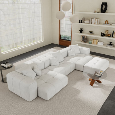 Kay Crumley 6-Piece Upholstered Boneless Modern Linen Fabric Sectional Sofa With Ottoman