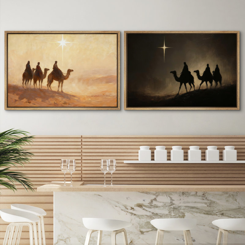 «Three Wise Men Suite the Star Desert Camel Scene», reproduction d'art sur toile encadrée 2 pièces, Cadre flottant naturel