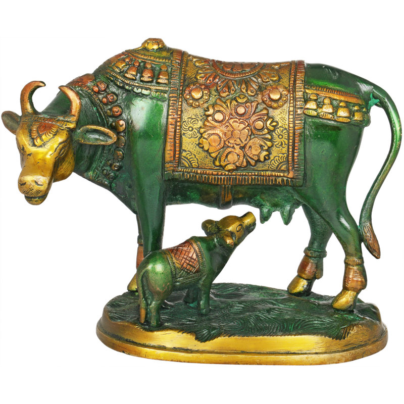 Figurine vache et veau, Vert / or