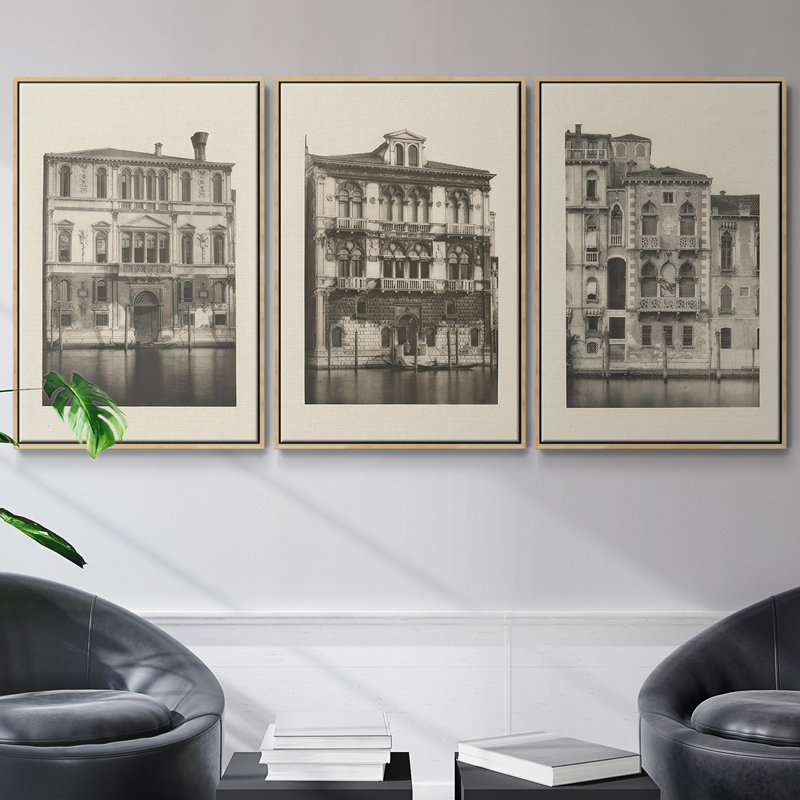 "Vintage Views of Venice I", ensemble de 3 pièces encadrées sur toile, Bois naturel, H 40 po x l 78 po