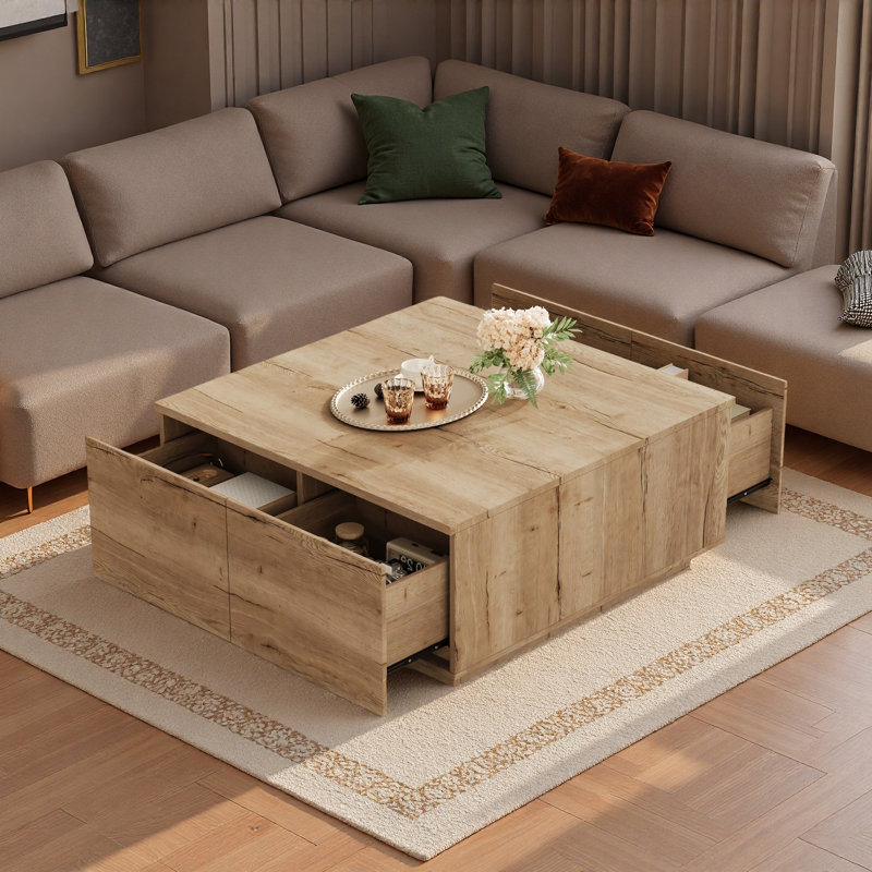Table basse moderne carrée avec 4 tiroirs, Natural
