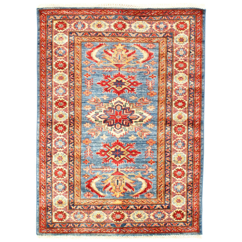 Tapis rouge / bleu en laine noué à la main de conception unique 3 pi 4 po x 4 pi 7 po Nashaly