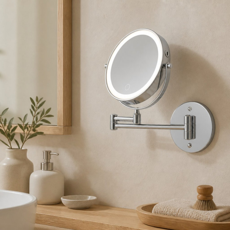 Miroir de salle de bain mural moderne à DEL 8 po avec grossissement 10 fois, Chrome chrome