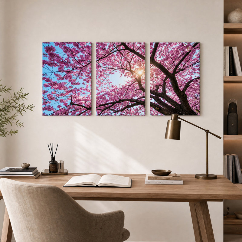 «Pink Cherry Blossom Tree Against Blue Sky», ensemble de 3 toiles murales, 18"H x 12"W x 3pcs