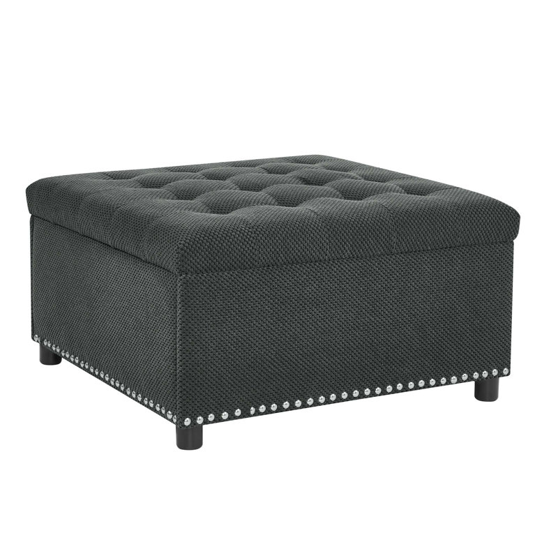 Classic Tufted Storage Ottoman With Nailhead Trim, Versatile Footstool And Coffee Table For Small Spaces, Dark Gray