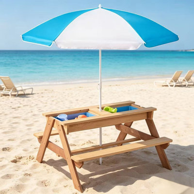 Table de pique-nique en bois massif 3 en 1 pour enfants avec parasol amovible, table d'activité sable et eau pour la cour