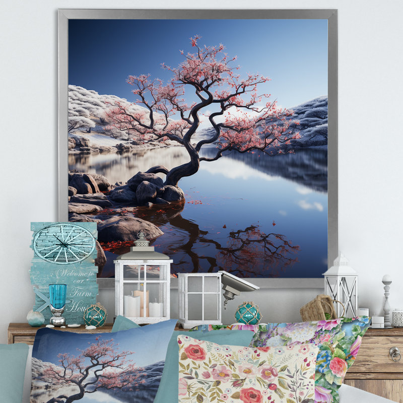 "Bonsai rose du Japon au lac", reproduction sur toile, Cadre simple argenté, H 16 po x l 16 po x P 1 po