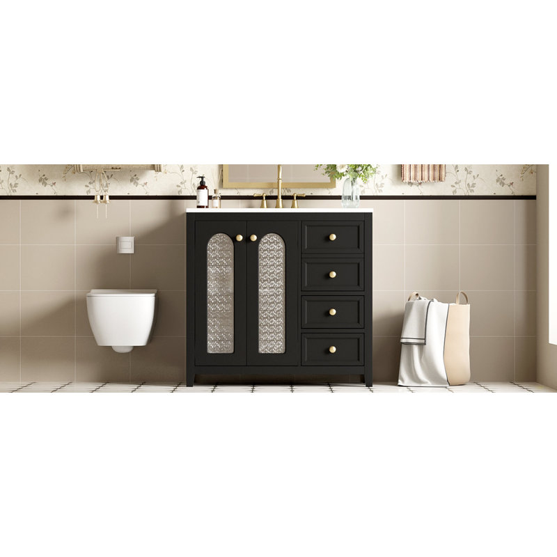 Meuble-lavabo de 36 pouces avec deux portes à fermeture douce, des tablettes réglables et trois tiroirs, Noir