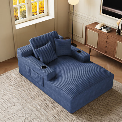 76" D Oversized Corduroy Indoor Chaise Lounge with Deep Seat and  Cup Holders