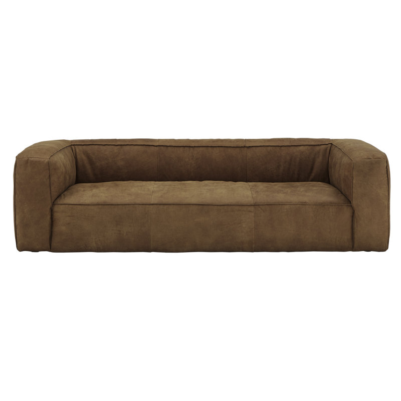 Dupo 94" Genuine Leather Tuxedo Arm Sofa, Outback Tan Genuine Leather, Dark Mahogany
