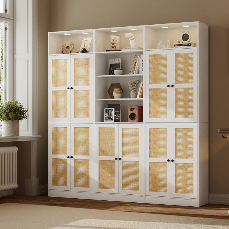  85.8" H X 70.8" W Rattan Tall Bookcase With 7 Shelves, Book Cabinet Storage Bookcase Set, with White Downlights For Living Room, Study