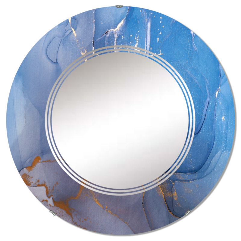 Bleu et gris liquide univers - miroir mural moderne rond, 32 po x 32 po