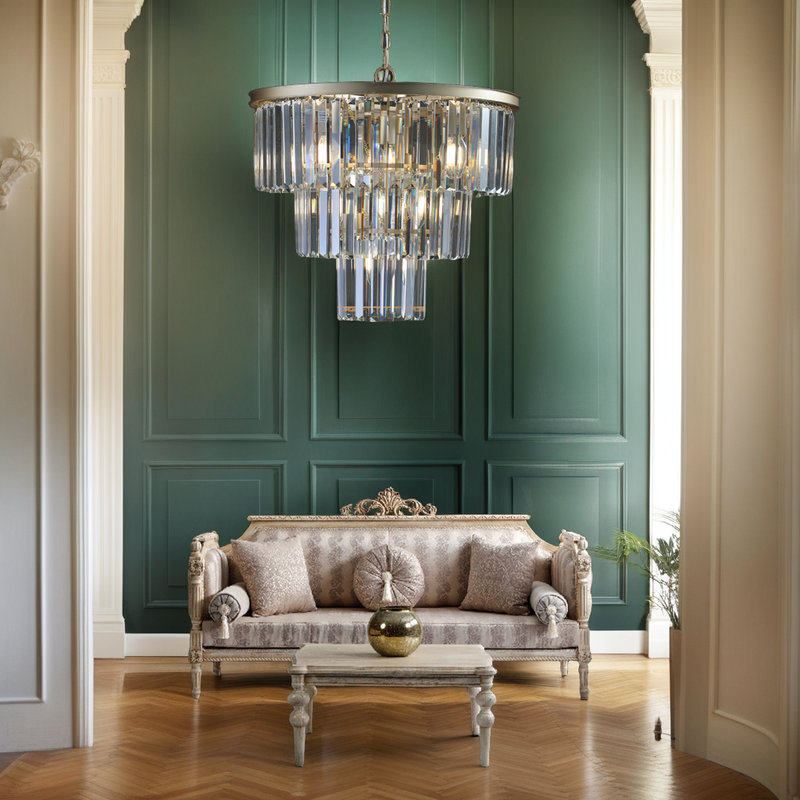 Lustre en cristal de luxe à 3 niveaux 20 po - Luminaire suspendu 7 lumières - Hauteur réglable, Doré